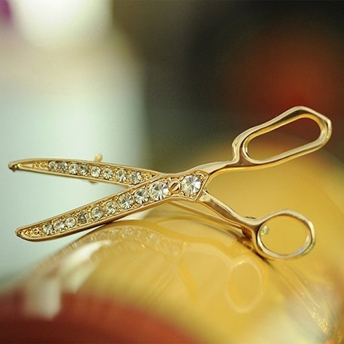 Lovely Handmade Rhinestone Scissor Gold-Plated Brooch Pin Jewelry Best Xmas Gift Image 1