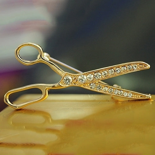 Lovely Handmade Rhinestone Scissor Gold-Plated Brooch Pin Jewelry Best Xmas Gift Image 2