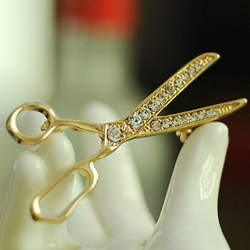 Lovely Handmade Rhinestone Scissor Gold-Plated Brooch Pin Jewelry Best Xmas Gift Image 3