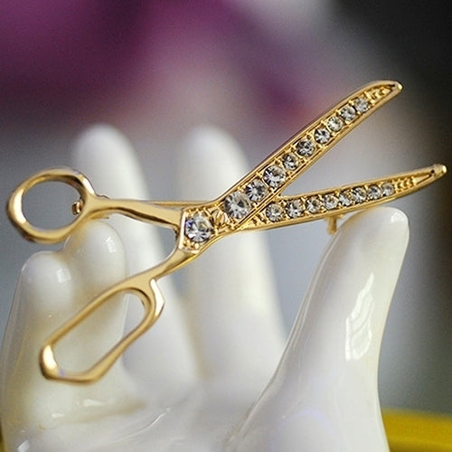 Lovely Handmade Rhinestone Scissor Gold-Plated Brooch Pin Jewelry Best Xmas Gift Image 4