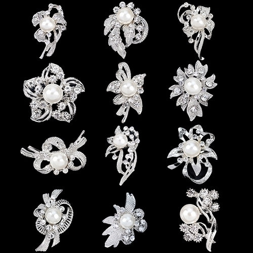 12 Pcs Women Faux Pearl Rhinestone Flower Brooch Pins Bridal Scarf Lapel Decor Image 1