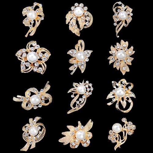 12 Pcs Women Faux Pearl Rhinestone Flower Brooch Pins Bridal Scarf Lapel Decor Image 2