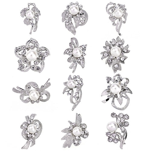 12 Pcs Women Faux Pearl Rhinestone Flower Brooch Pins Bridal Scarf Lapel Decor Image 3