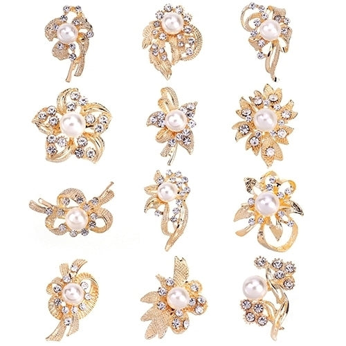 12 Pcs Women Faux Pearl Rhinestone Flower Brooch Pins Bridal Scarf Lapel Decor Image 4