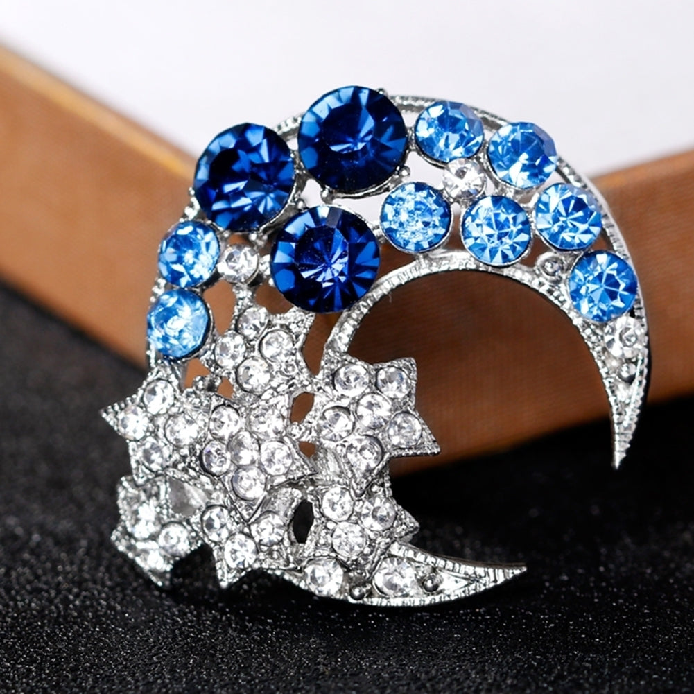 Fashion Rhinestone Crescent Moon Stars Brooch Pin Breastpin Women Scarf Jewelry Image 3