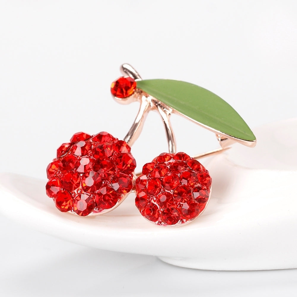 Womens Gorgeous Cute Red Rhinestone Cherry Leaf Fruit Brooch Pin Accessory Image 2