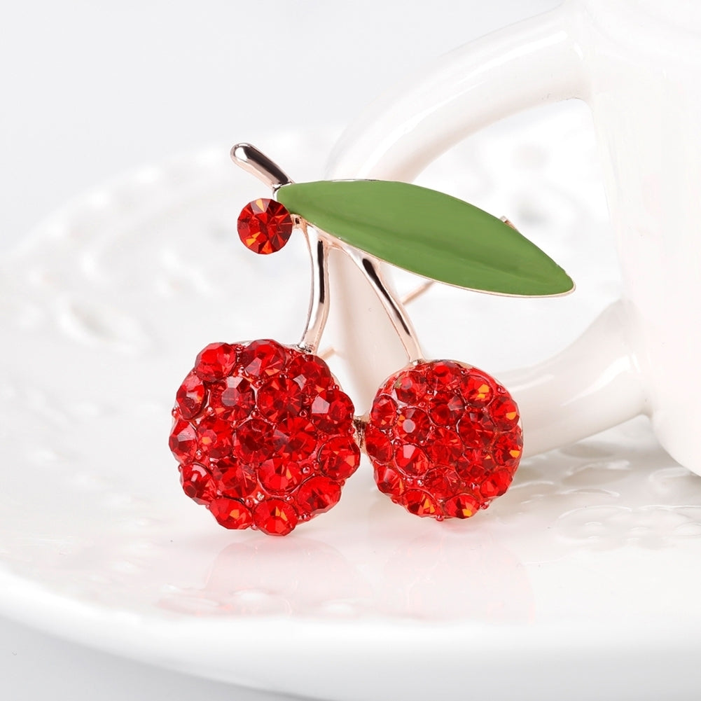 Womens Gorgeous Cute Red Rhinestone Cherry Leaf Fruit Brooch Pin Accessory Image 3