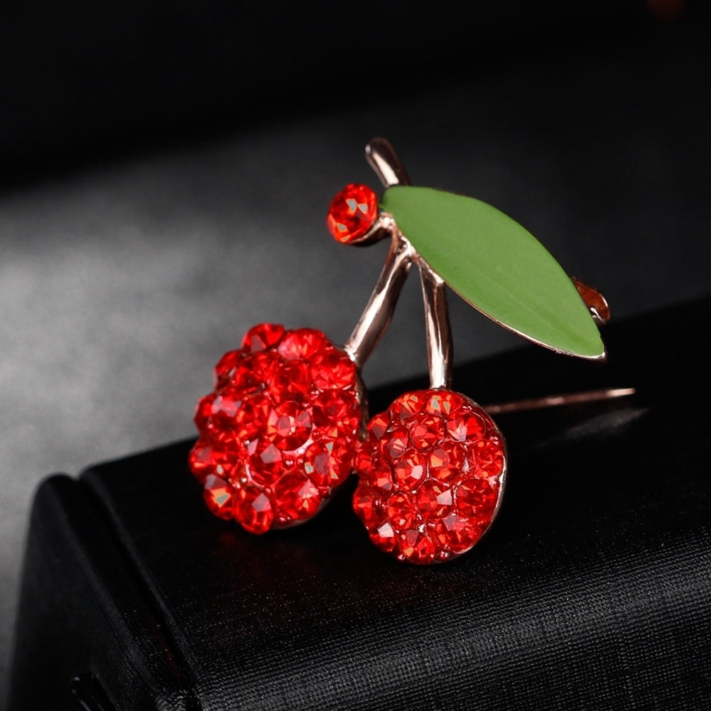 Womens Gorgeous Cute Red Rhinestone Cherry Leaf Fruit Brooch Pin Accessory Image 4