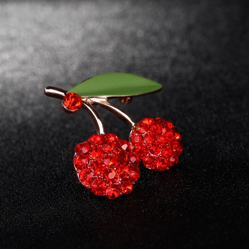 Womens Gorgeous Cute Red Rhinestone Cherry Leaf Fruit Brooch Pin Accessory Image 6