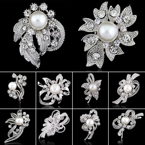 Bridal Bouquet Rhinestone Crystal Brooch Pin Silver Pearl Brooches Flower Image 1