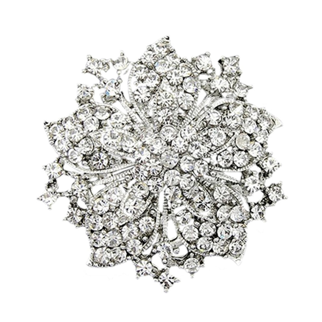 Brooch Pin Exquisite Anti-rust Silver Plated Rhinestone Round Blossom Flower Breastpin for Dating Image 1