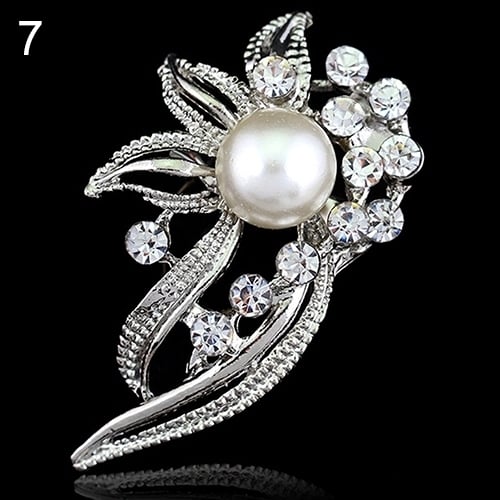 Bridal Bouquet Rhinestone Crystal Brooch Pin Silver Pearl Brooches Flower Image 8