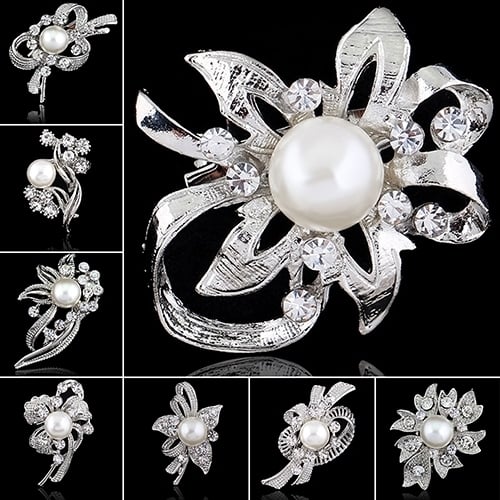 Bridal Bouquet Rhinestone Crystal Brooch Pin Silver Pearl Brooches Flower Image 12