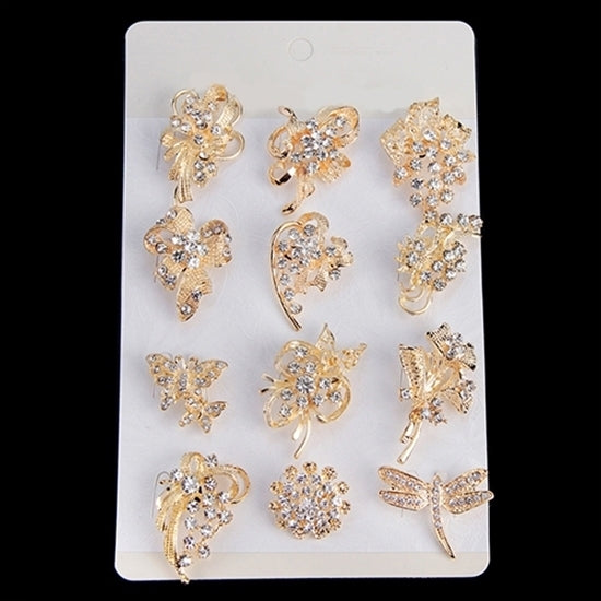 12Pcs Womens Rhinestone Hollow Flower Butterfly Bridal Scarf Lapel Brooch Pins Image 1