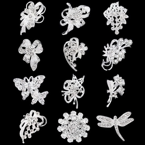 12Pcs Womens Rhinestone Hollow Flower Butterfly Bridal Scarf Lapel Brooch Pins Image 4