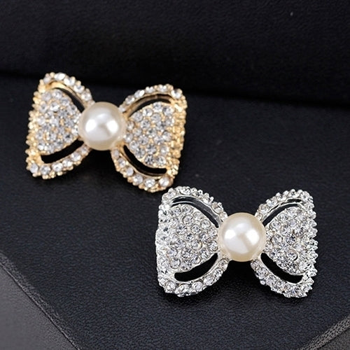 Lady Fashion Bowknot Shiny Rhinestone Imitation Pearl Scarf Dress Brooch Pin Image 1