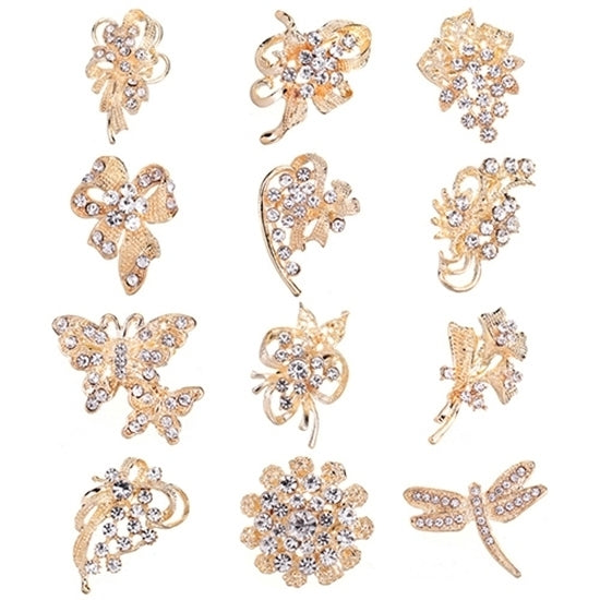 12Pcs Womens Rhinestone Hollow Flower Butterfly Bridal Scarf Lapel Brooch Pins Image 11