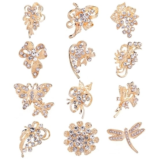 12Pcs Womens Rhinestone Hollow Flower Butterfly Bridal Scarf Lapel Brooch Pins Image 1