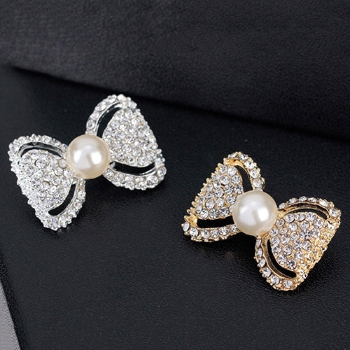 Lady Fashion Bowknot Shiny Rhinestone Imitation Pearl Scarf Dress Brooch Pin Image 2