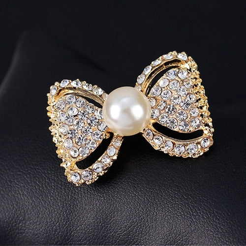 Lady Fashion Bowknot Shiny Rhinestone Imitation Pearl Scarf Dress Brooch Pin Image 3