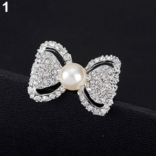 Lady Fashion Bowknot Shiny Rhinestone Imitation Pearl Scarf Dress Brooch Pin Image 4