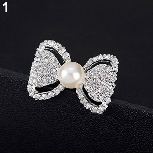 Lady Fashion Bowknot Shiny Rhinestone Imitation Pearl Scarf Dress Brooch Pin Image 1