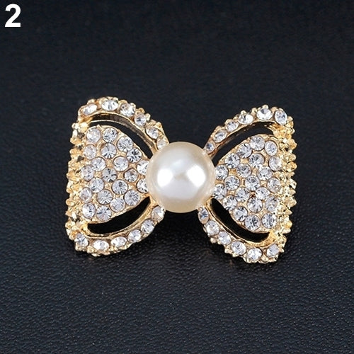 Lady Fashion Bowknot Shiny Rhinestone Imitation Pearl Scarf Dress Brooch Pin Image 4