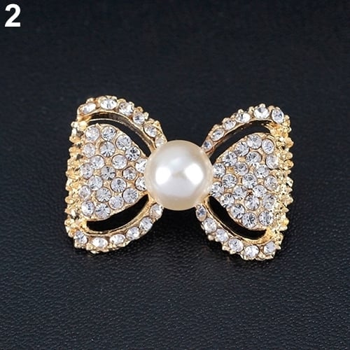 Lady Fashion Bowknot Shiny Rhinestone Imitation Pearl Scarf Dress Brooch Pin Image 1