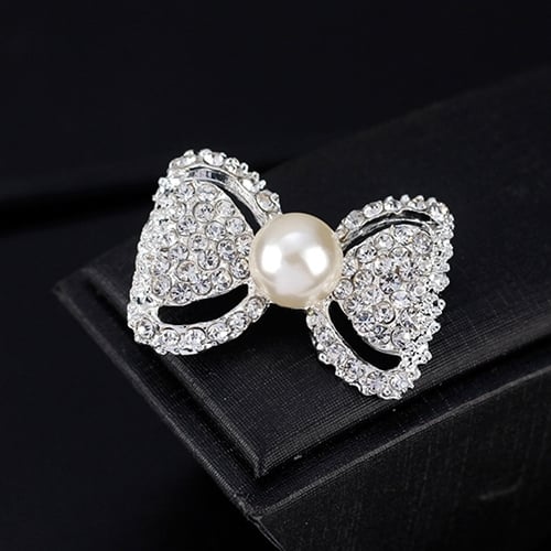 Lady Fashion Bowknot Shiny Rhinestone Imitation Pearl Scarf Dress Brooch Pin Image 6