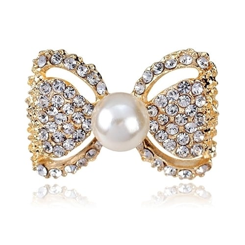 Lady Fashion Bowknot Shiny Rhinestone Imitation Pearl Scarf Dress Brooch Pin Image 8