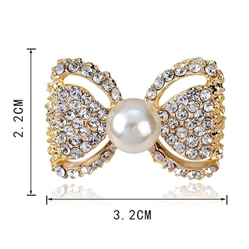 Lady Fashion Bowknot Shiny Rhinestone Imitation Pearl Scarf Dress Brooch Pin Image 9