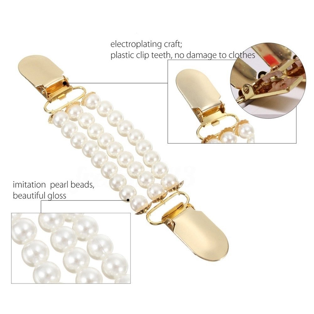 Fashion 3 Layers Faux Pearls Cardigan Clip Chain No Buttons Sweater Clamp Decor Image 4