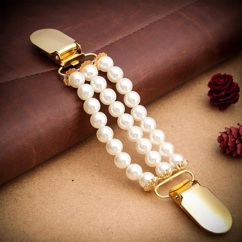 Fashion 3 Layers Faux Pearls Cardigan Clip Chain No Buttons Sweater Clamp Decor Image 4