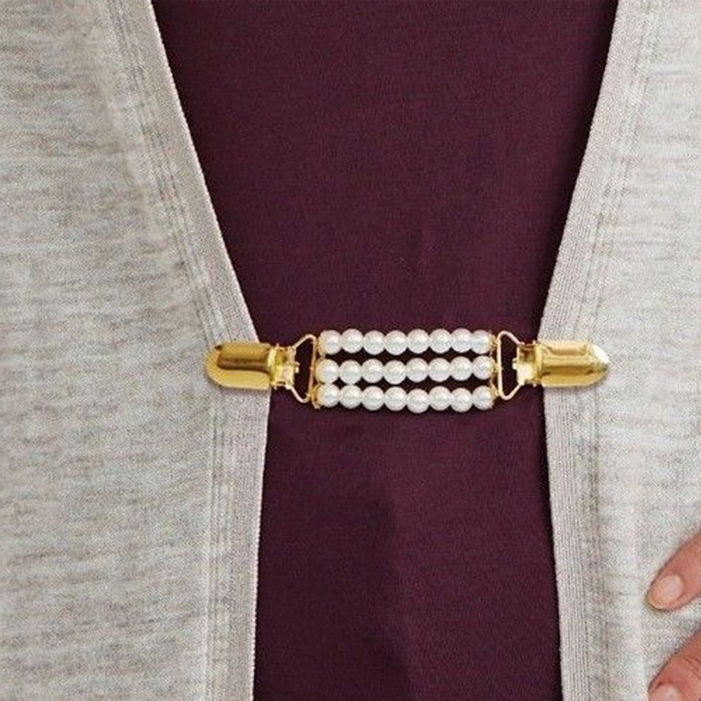 Fashion 3 Layers Faux Pearls Cardigan Clip Chain No Buttons Sweater Clamp Decor Image 7