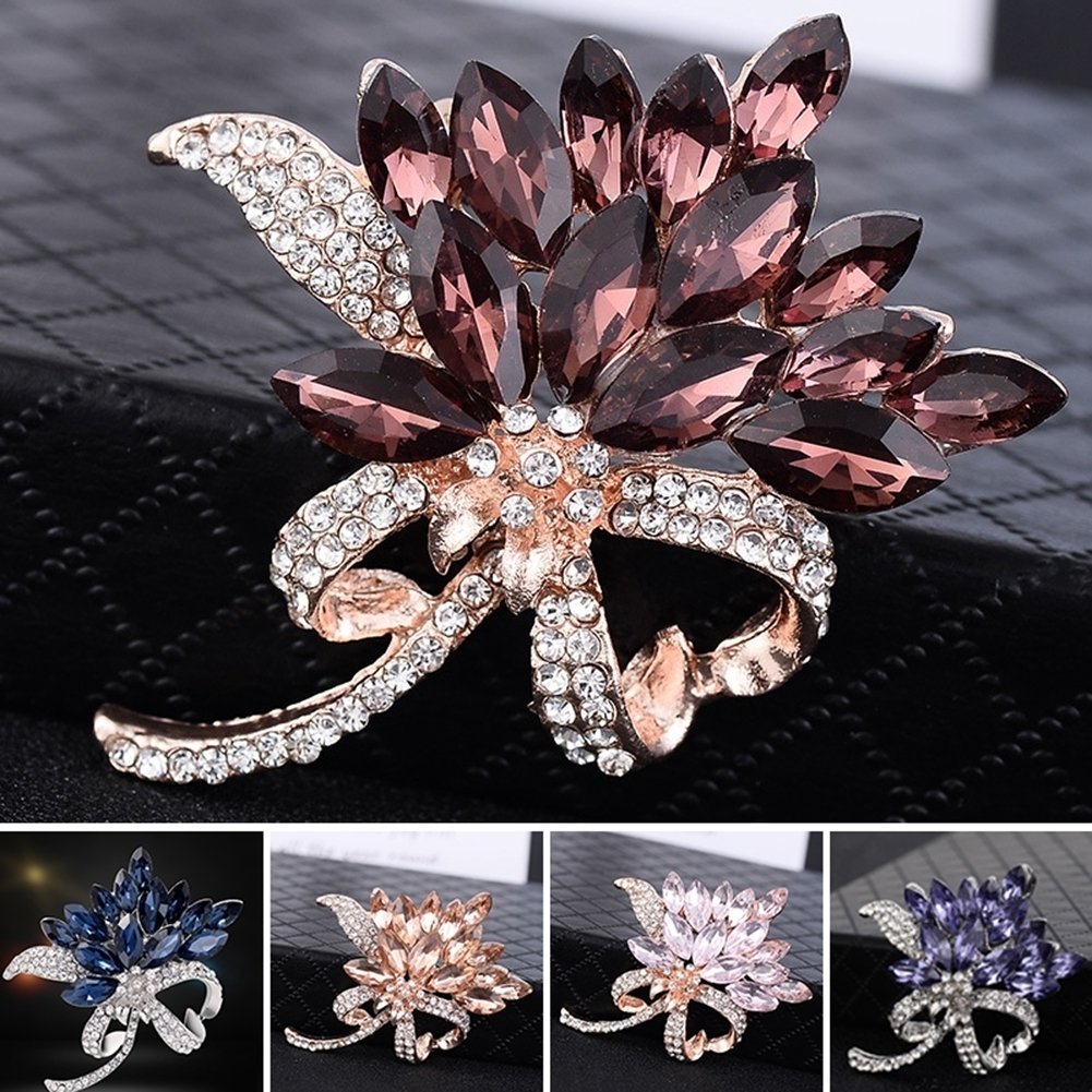 Elegant Marquise Cut Shiny Rhinestone Flower Bouquet Style Women Brooch Pin Gift Image 1