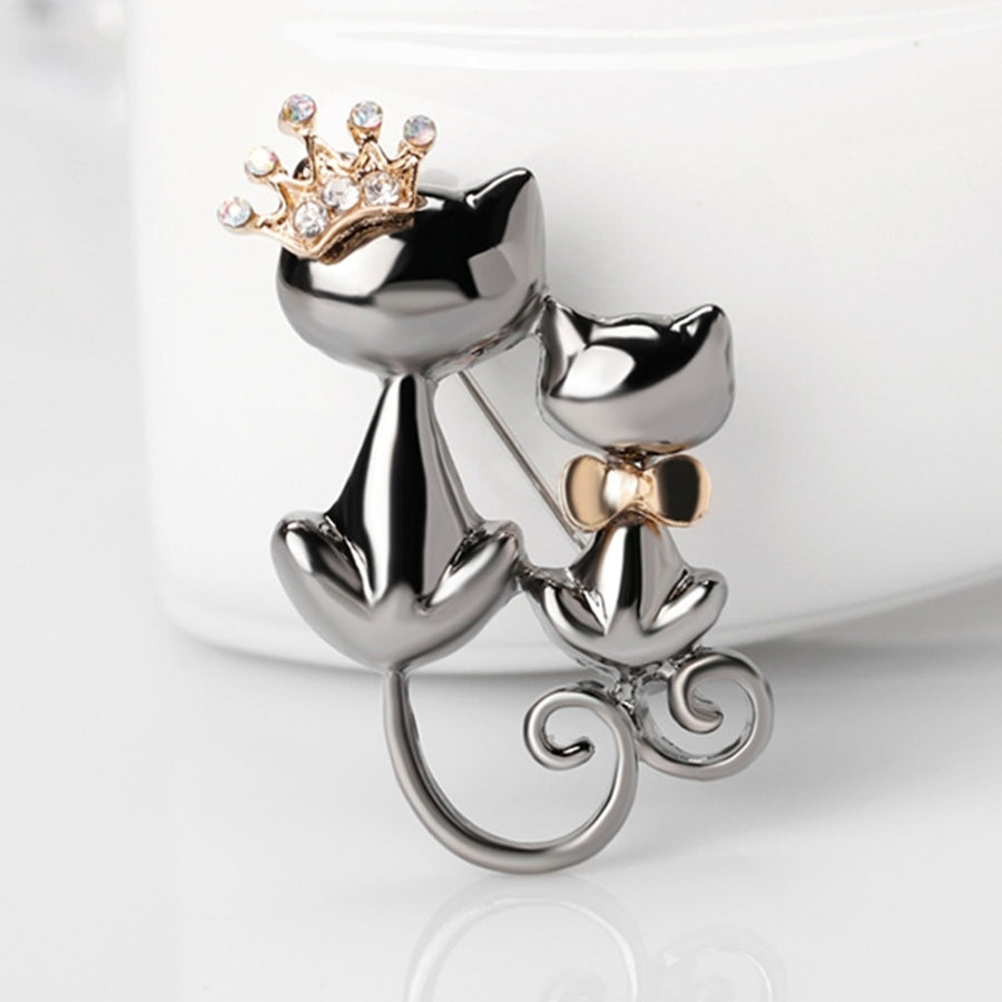Fashion Jewelry Shiny Rhinestone Cute Double Cats Kitten Crown Brooch Pin Gift Image 1