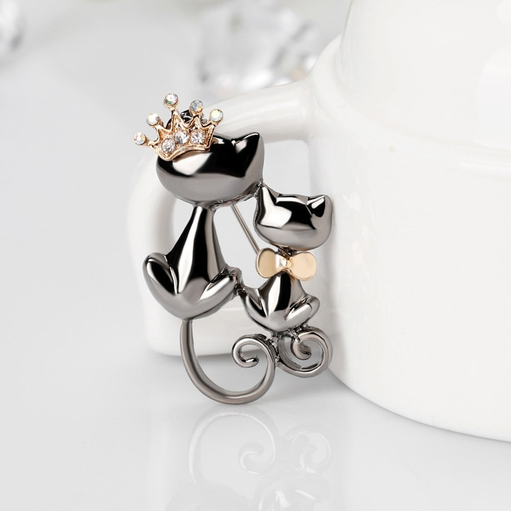 Fashion Jewelry Shiny Rhinestone Cute Double Cats Kitten Crown Brooch Pin Gift Image 2