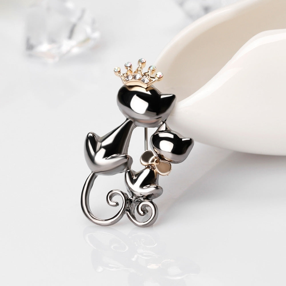 Fashion Jewelry Shiny Rhinestone Cute Double Cats Kitten Crown Brooch Pin Gift Image 3