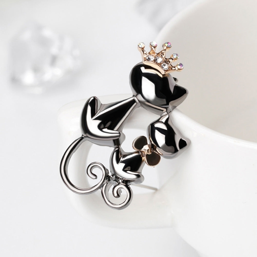 Fashion Jewelry Shiny Rhinestone Cute Double Cats Kitten Crown Brooch Pin Gift Image 4