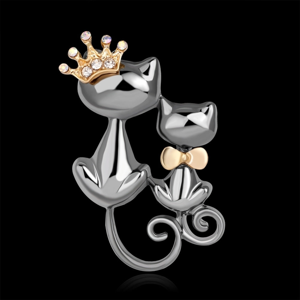 Fashion Jewelry Shiny Rhinestone Cute Double Cats Kitten Crown Brooch Pin Gift Image 10