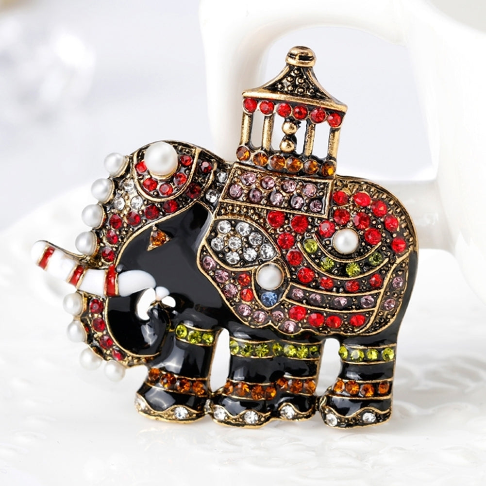 Thailand Elephant Retro Colorful Rhinestone Faux Pearl Brooch Pin Scarf Jewelry Image 3