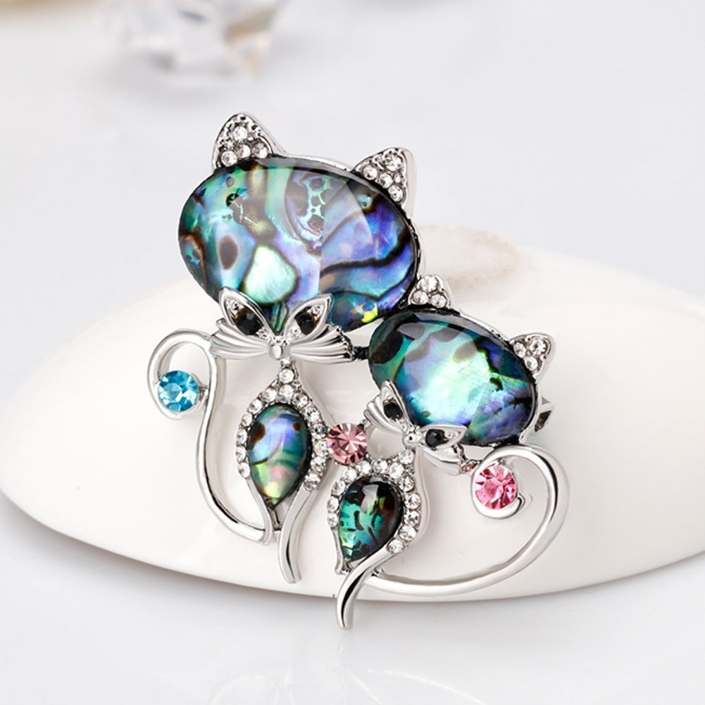 Fashion Women Couple Cat Brooch Pin Rhinestone Inlaid Badge Hat Bag Dress Decor Image 3