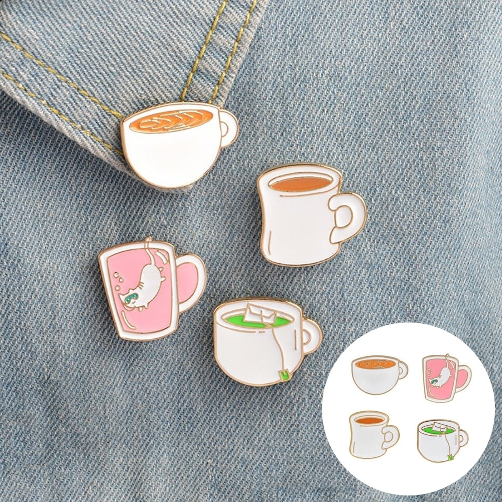 4Pcs Tea Cup Coffee Enamel Brooch Pin Cartoon Badge Jeans Collar Jewelry Set Image 2