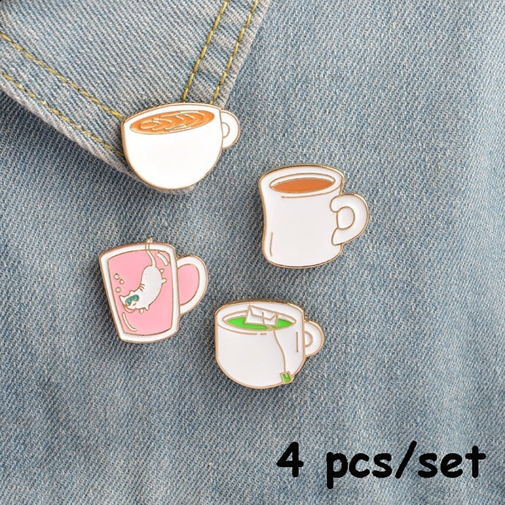 4Pcs Tea Cup Coffee Enamel Brooch Pin Cartoon Badge Jeans Collar Jewelry Set Image 4