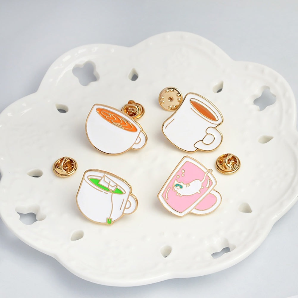 4Pcs Tea Cup Coffee Enamel Brooch Pin Cartoon Badge Jeans Collar Jewelry Set Image 4