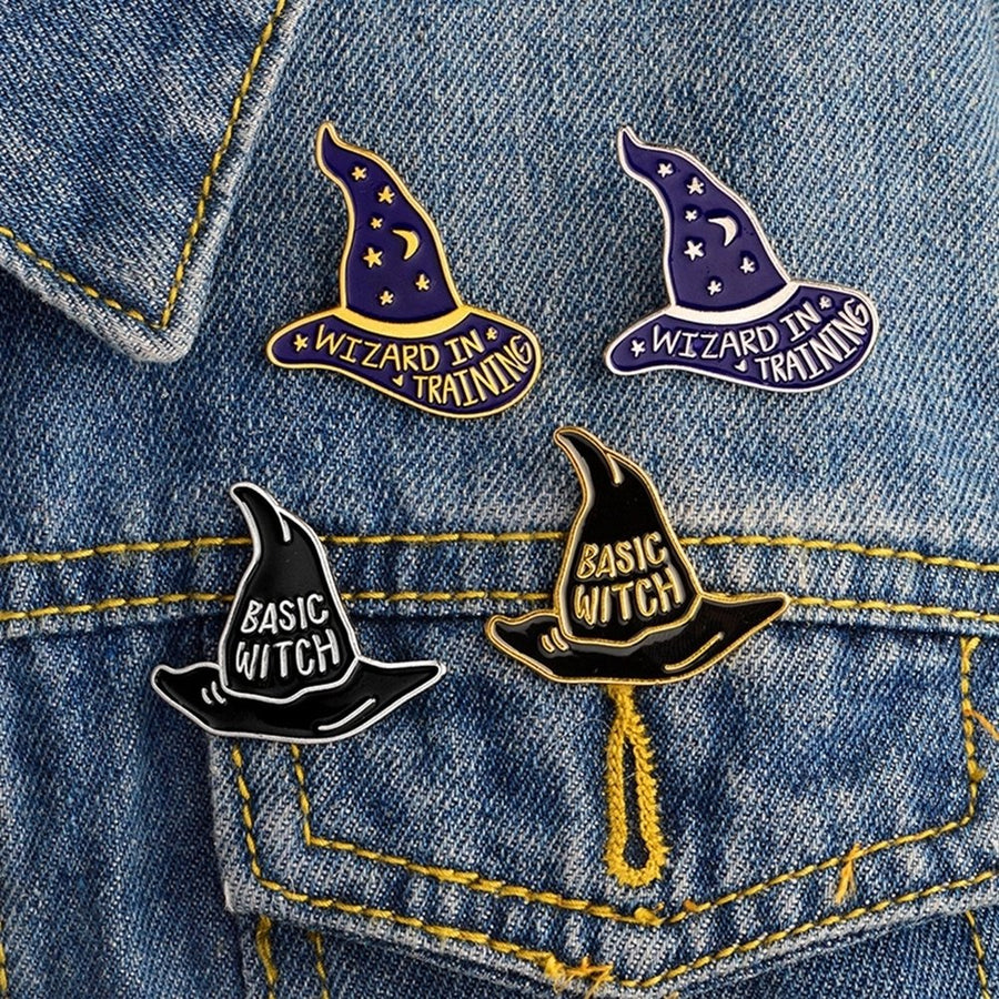 Fashion Unisex Witch Cap Letter Brooch Pin Badge Enamel Jacket Denim Jewelry Image 1