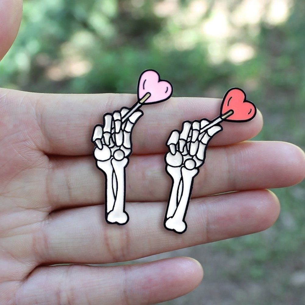 Skeleton Hand Brooch Pin Denim Lapel Enamel Badge Love Heart Image 1