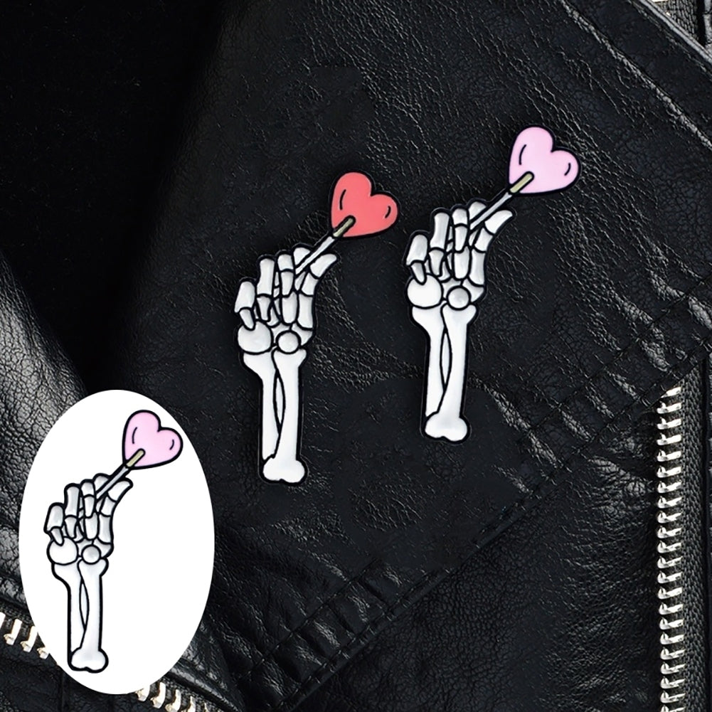 Skeleton Hand Brooch Pin Denim Lapel Enamel Badge Love Heart Image 2