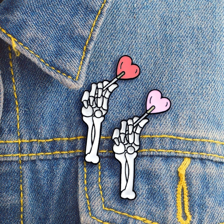 Skeleton Hand Brooch Pin Denim Lapel Enamel Badge Love Heart Image 4