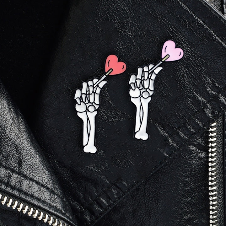 Skeleton Hand Brooch Pin Denim Lapel Enamel Badge Love Heart Image 6